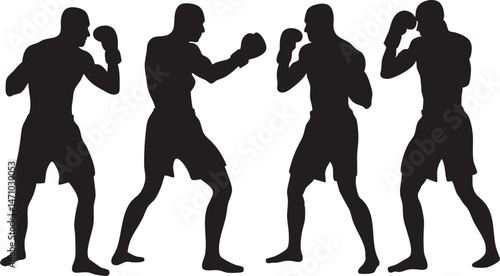 Silhouettes of four people in boxing stances, each posed ready to spar or fight, emphasizing athleticism and combat sports.