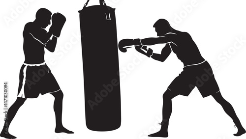 Two boxers train with a punching bag, practicing their stance and punches in a gym environment.