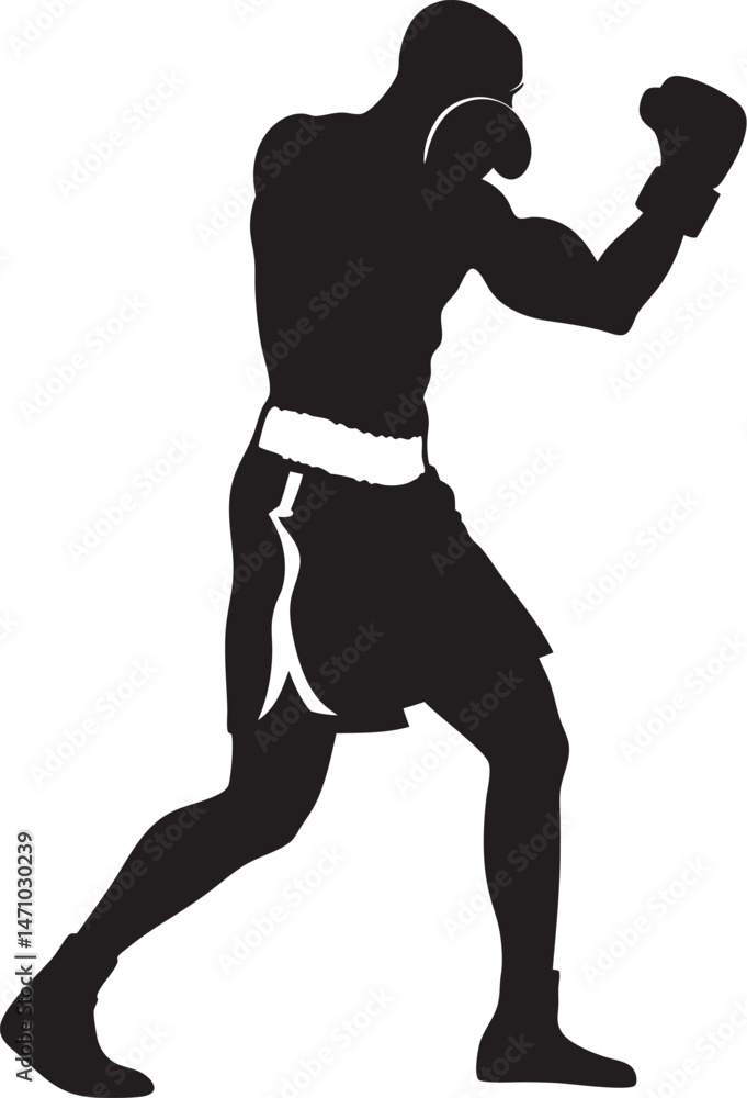Silhouette of a boxer in a fighting stance, wearing boxing gloves and shorts. Silhouette of a boxer in a fighting stance, wearing boxing gloves and shorts.