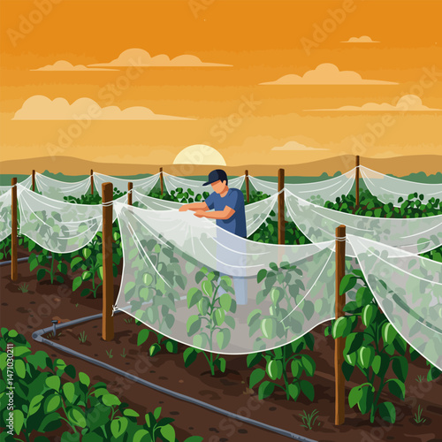Farmer Tending Protected Crops in Field at Sunset with Irrigation