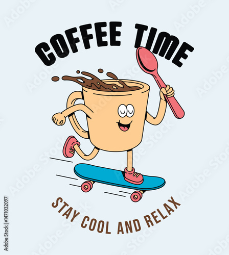 coffee skateboard retro cute illustration
