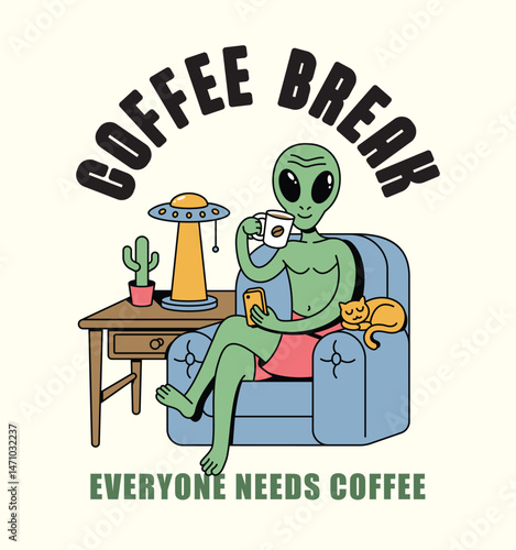 alien coffee retro cute illustration