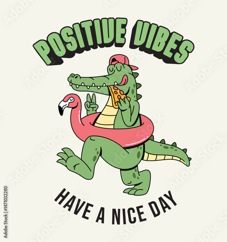 crocodile flamingo retro cartoon cute illustration