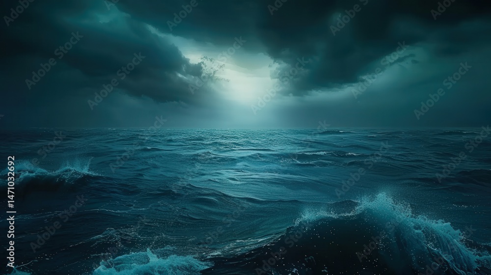 Naklejka premium The vast ocean under a dark, dramatic sky, displaying the power of nature's elements.