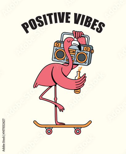 flamingo boombox retro cute illustration
