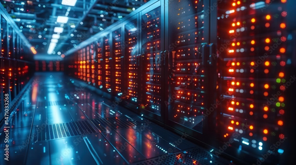 Obraz premium Inside a modern data center, server racks glow with data processing and storage activity.