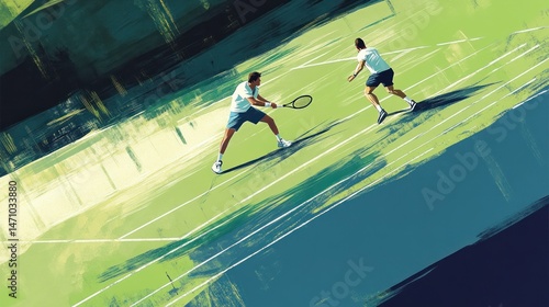 Dynamic tennis game illustration featuring two athletes on a court