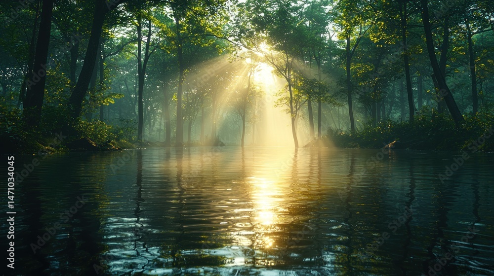 Fototapeta premium Sunlight streams through a misty forest, illuminating a calm river