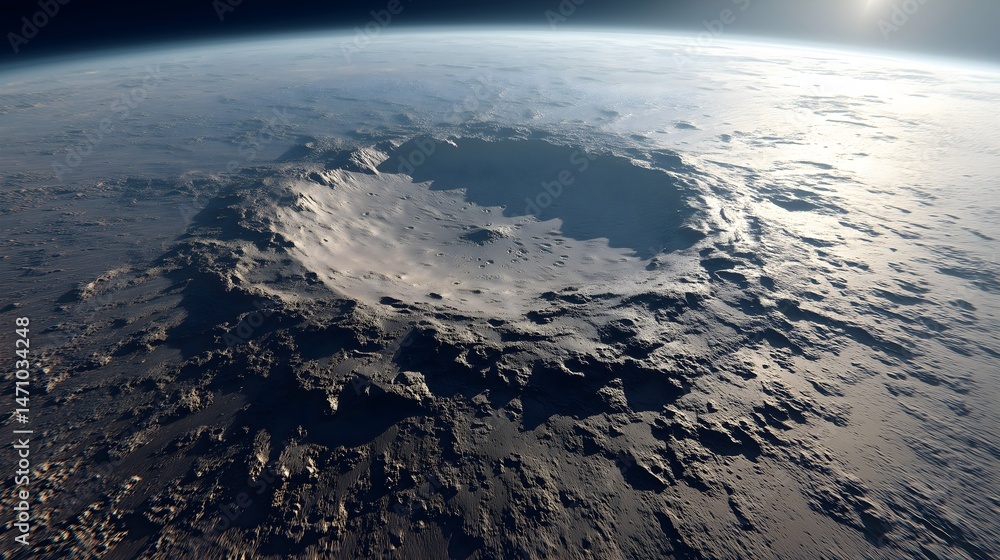 Fototapeta premium Exploring a meteor crater on a rocky alien planet at dawn over an expansive landscape