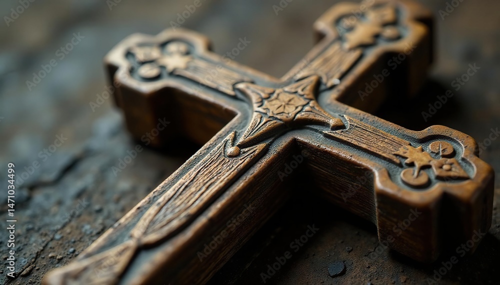 Close-up of a weathered, intricately carved wooden crucifix Deep shadows and rich textures highlight the artistry , artwork, religious icon Close-up of a weathered, intricately carved wooden crucifix Deep shadows and rich textures highlight the artistry , artwork, religious icon