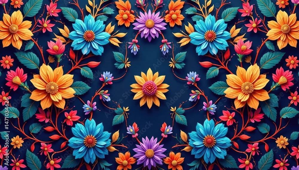 Intricate, repeating floral design in vibrant hues , style, floral Intricate, repeating floral design in vibrant hues , style, floral