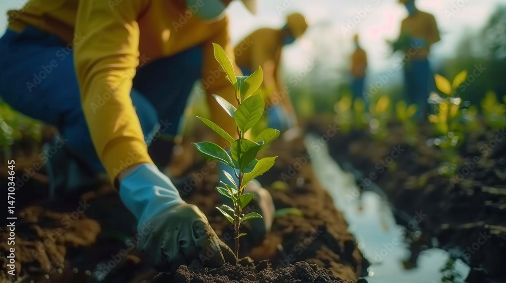 Naklejka premium Dedicated workers planting seedlings to foster environmental conservation on a sunny day.
