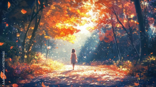 Girl walking through a sun-drenched forest path amidst falling autumn leaves, creating a peaceful and vibrant scene