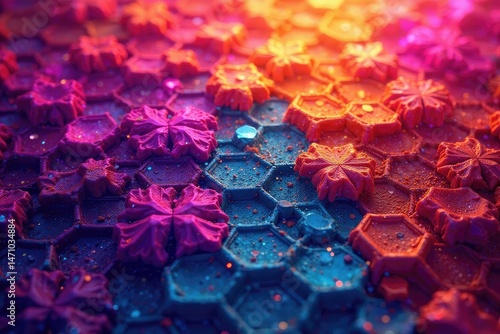 Intricate tessellation of hexagons, vibrant hues, hexagon, geometry, pattern