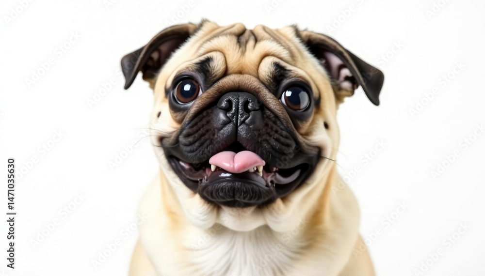 Obraz premium Playful pug looking at camera, isolated white backdrop, puppy, brown