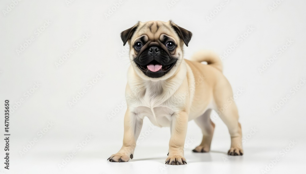 Obraz premium Playful pug puppy standing, pure white backdrop, vibrant, mammal, funny