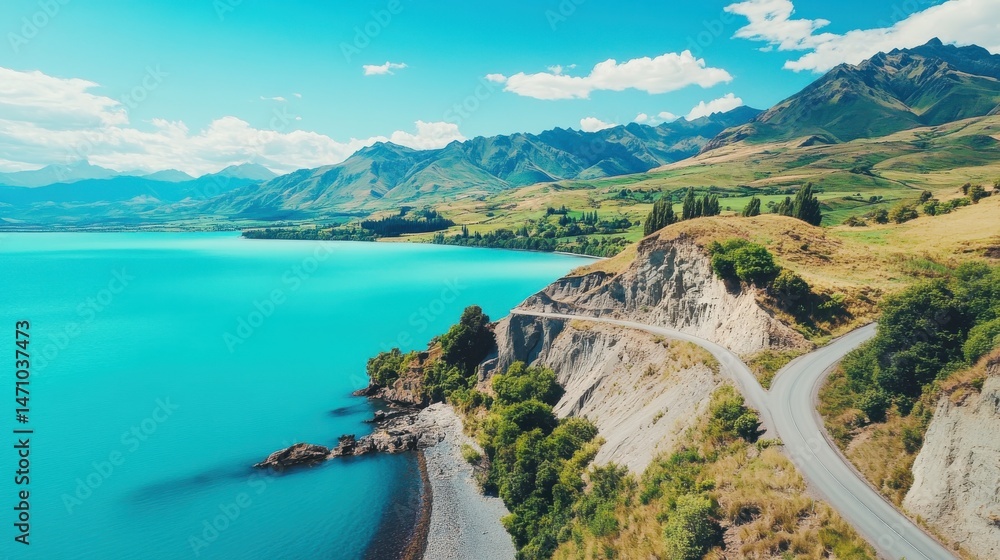 Naklejka premium Aerial view of a mountain road curving along the coast, turquoise water, lush green hills, and distant mountains.
