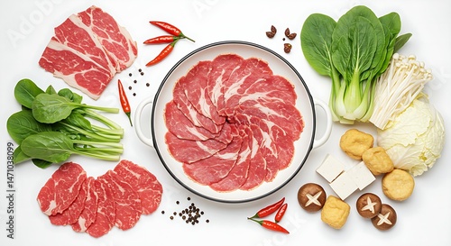 Szechuan hot pot ingredients arranged on a white background