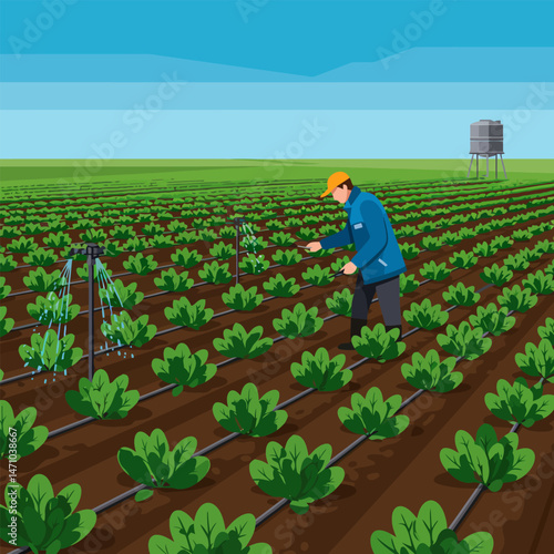 Farmer Inspecting Crop Irrigation System in Green Field on Sunny Day