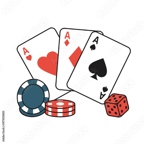 Playing cards, chips, and dice stacked on a white background  