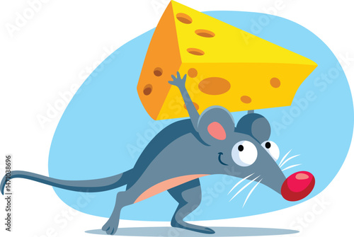 Happy Mouse Steals a Piece of Cheese Vector Cartoon Illustration. Rodent comes after food and infests kitchens or restaurants 

