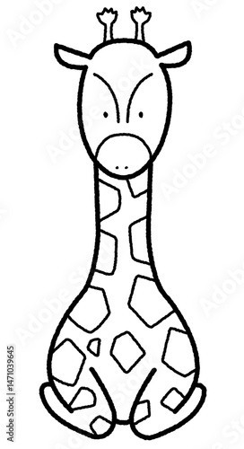 座っているキリンの白黒イラスト