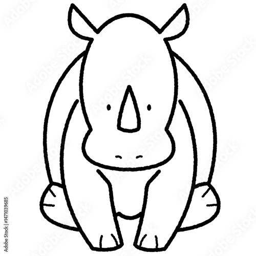 座っているサイの白黒イラスト