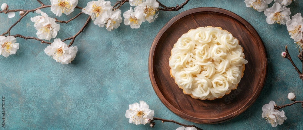 Ornate cake design on a wooden plate. Ornate cake design on a wooden plate.