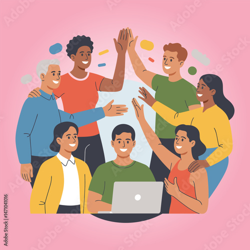 Happy family and group of people, including kids and adults, use a laptop for fun and business, an illustration of a modern team