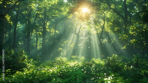 Morning sunlight filtering forest vegetation background high resolution wallpaper