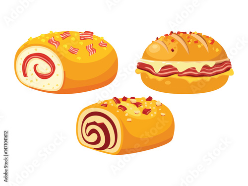 vector illustration of a Cheese and Bacon Roll (Bread Roll Topped with Cheese and Bacon Bits)