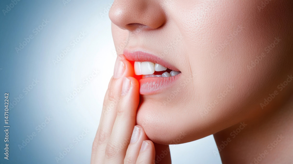 Obraz premium woman holding her jaw in pain, indicating dental discomfort and sensitivity. expression shows distress and concern