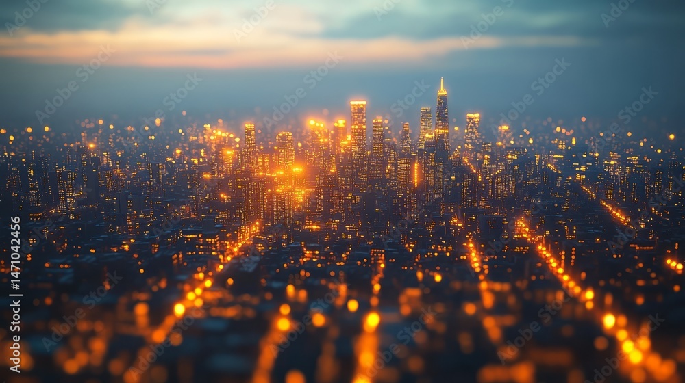 Fototapeta premium A futuristic city skyline illuminated at twilight.