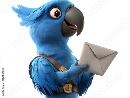 blue parrot in a postman’s uniform, holding letters in its beak with a dedicated expression. Transparent background. photo
