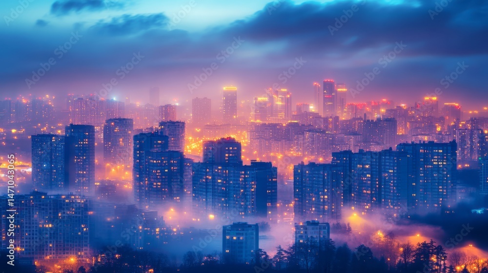 Obraz premium Colorful cityscape shrouded in a misty twilight.