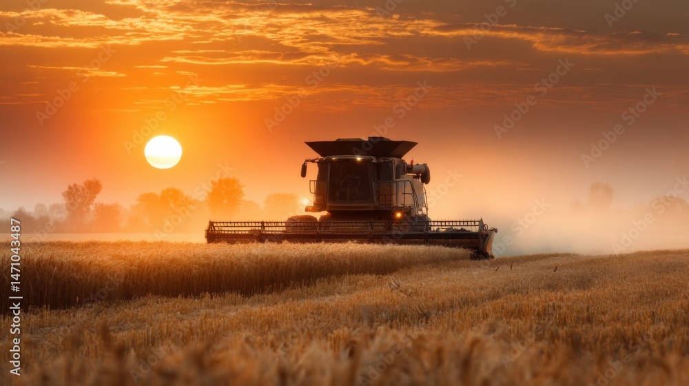 Fototapeta premium Harvesting wheat at sunrise with a combine in a golden field