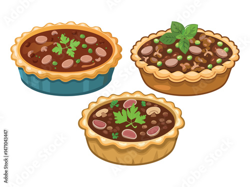 vector illustration of a Steak and Kidney Pie (Pie Filled with Diced Steak, Kidney, and Gravy)
