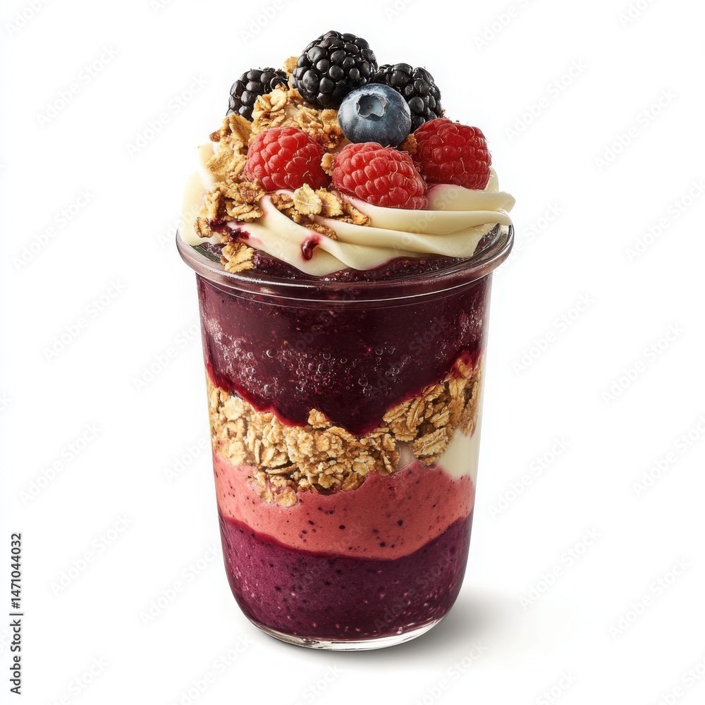 A layered fruit parfait in a glass jar, featuring a base of granola, followed by alternating layers of creamy yogurt, strawberry puree, A layered fruit parfait in a glass jar, featuring a base of granola, followed by alternating layers of creamy yogurt, strawberry puree,