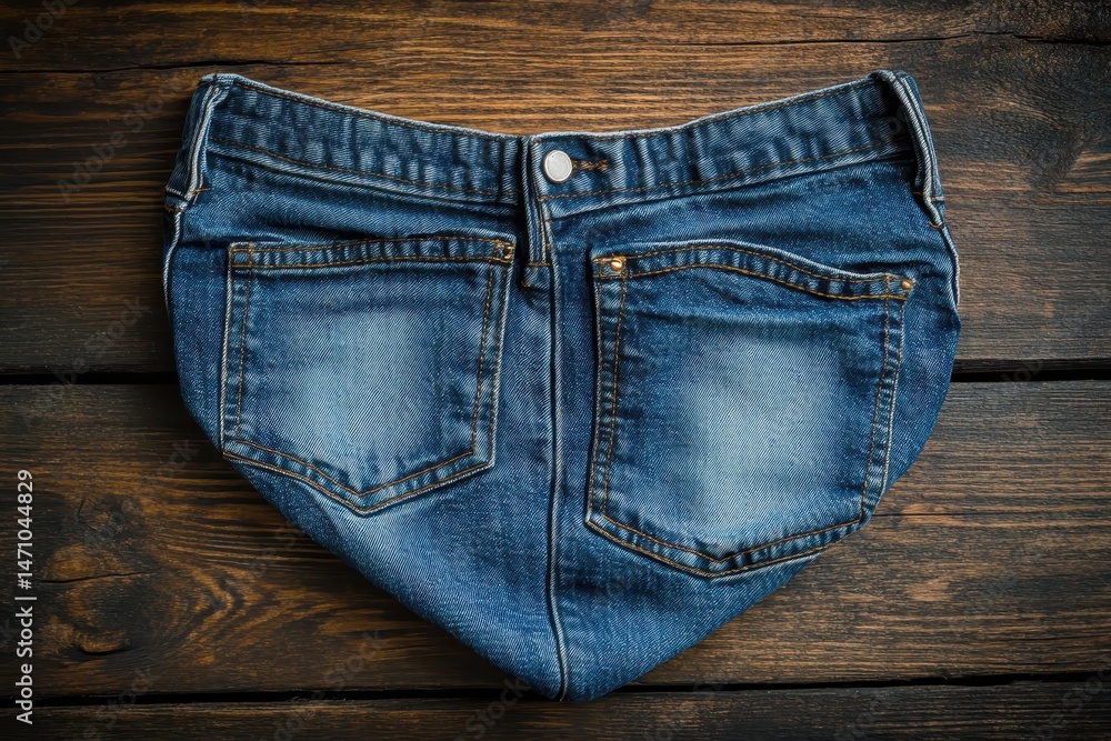 Denim shorts, back view, on wood Denim shorts, back view, on wood