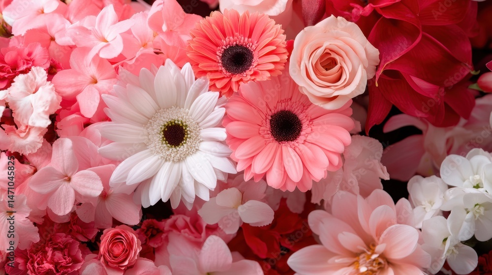 Artistic blend of various pink, red, and white flowers in a dreamy abstract backdrop Artistic blend of various pink, red, and white flowers in a dreamy abstract backdrop