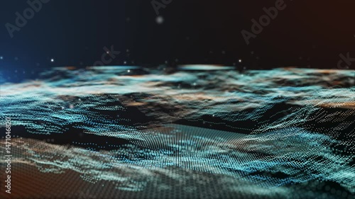 Flying through futuristic digital geology terrain, digital data telemetry and engineer topography with contour lines.