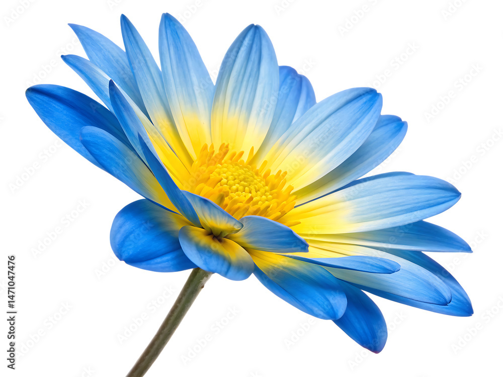 Fototapeta premium Close up shot of a stunning blue and yellow flower bloom isolated on white background.