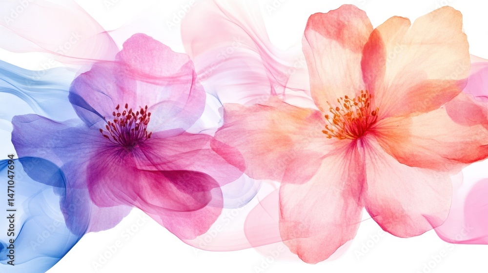 Fototapeta premium Artistic watercolor ink style painting of blooming spring flowers with gentle swirls of abstract color