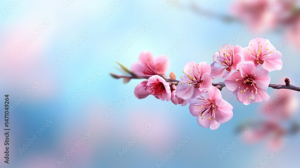 Blossoming tree branch in early spring, realistic fruit blooms against blurred background Blossoming tree branch in early spring, realistic fruit blooms against blurred background