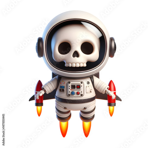 Cute 3d skeleton wearing space suit isolated on white background