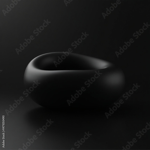 Sleek, matte black abstract bowl with a smooth organic form, placed on a dark surface and lit with soft highlights, evoking minimalist luxury and modern design aesthetics.