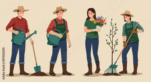 Gardening people with tools for commercial use, flat vector style