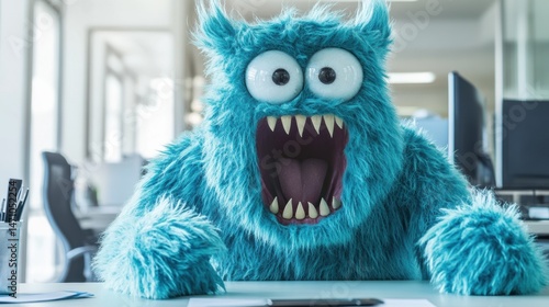 Funny Blue Monster Roaring at Desk in Office Setting Close Up View Cartoon Character Mascot