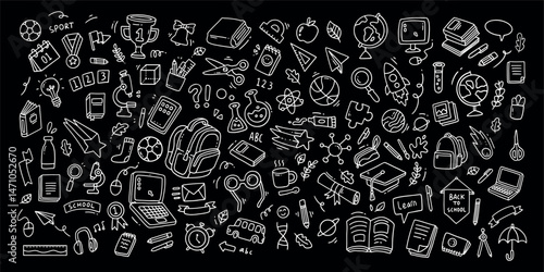 Back to school doodle elements. Vector illustration in line with black background