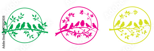 Silhouette of birds on a tree branch with leaves in a peaceful nature scene vector illustration